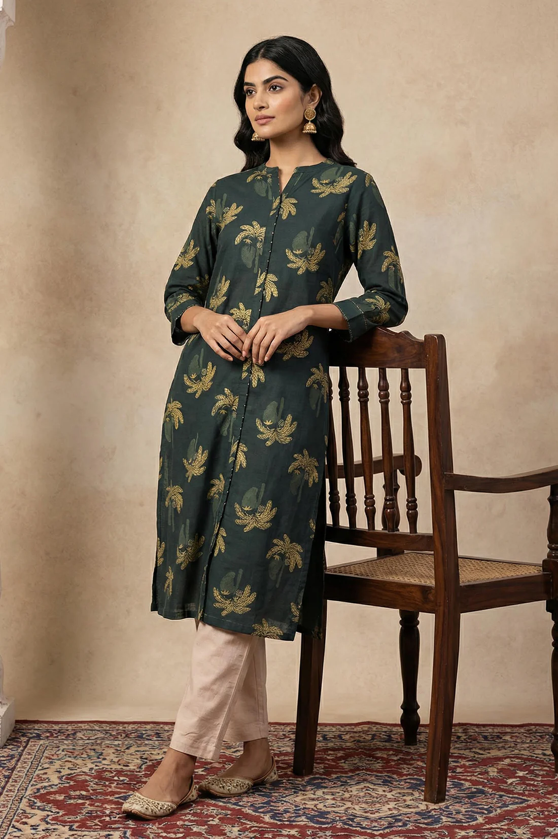 Green Botanical Printed Beadwork Pure Cotton Straight Kurta